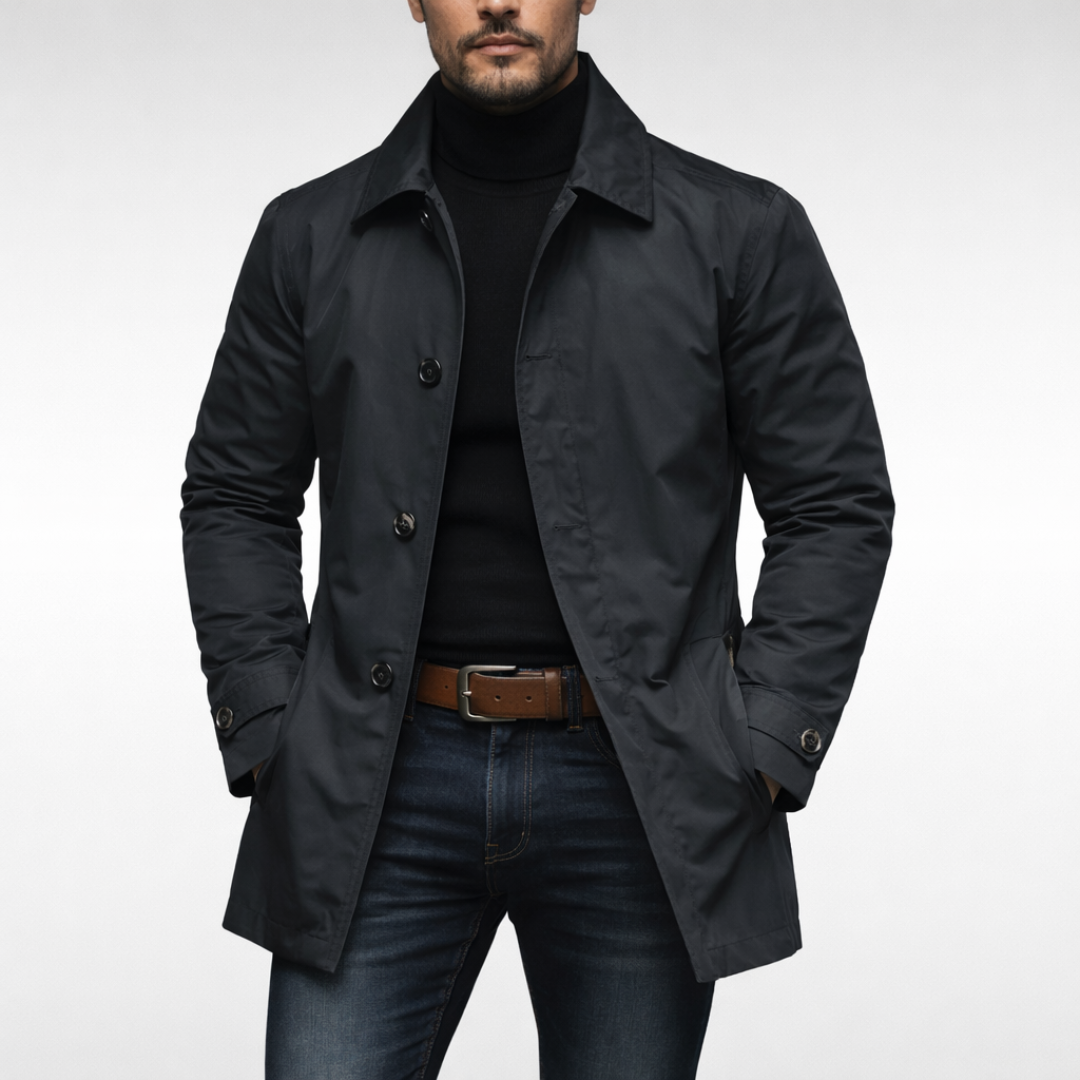 Men's trench jacket with pointed collar, button front and side pockets