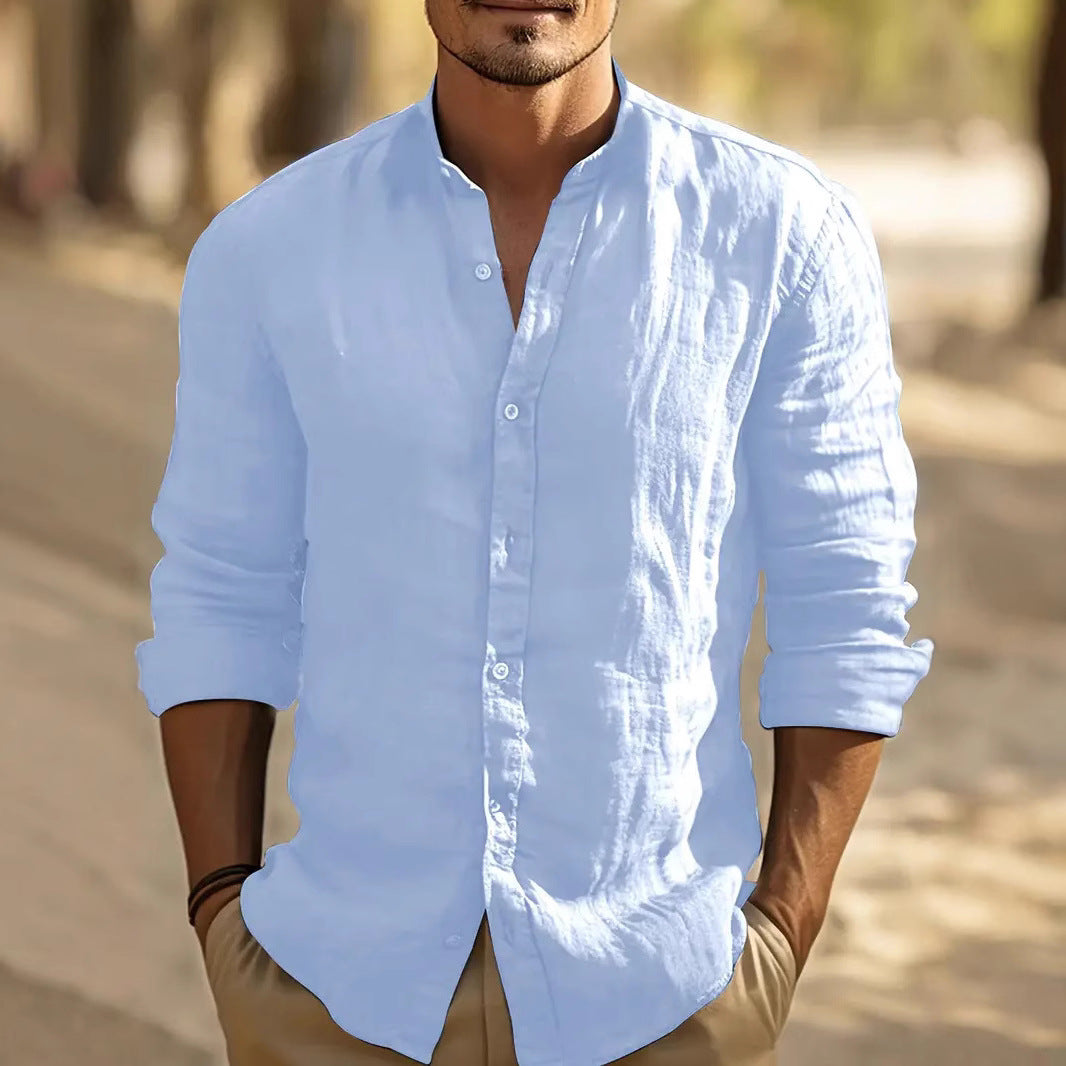 Men's stand collar shirt with long sleeves and curved hem