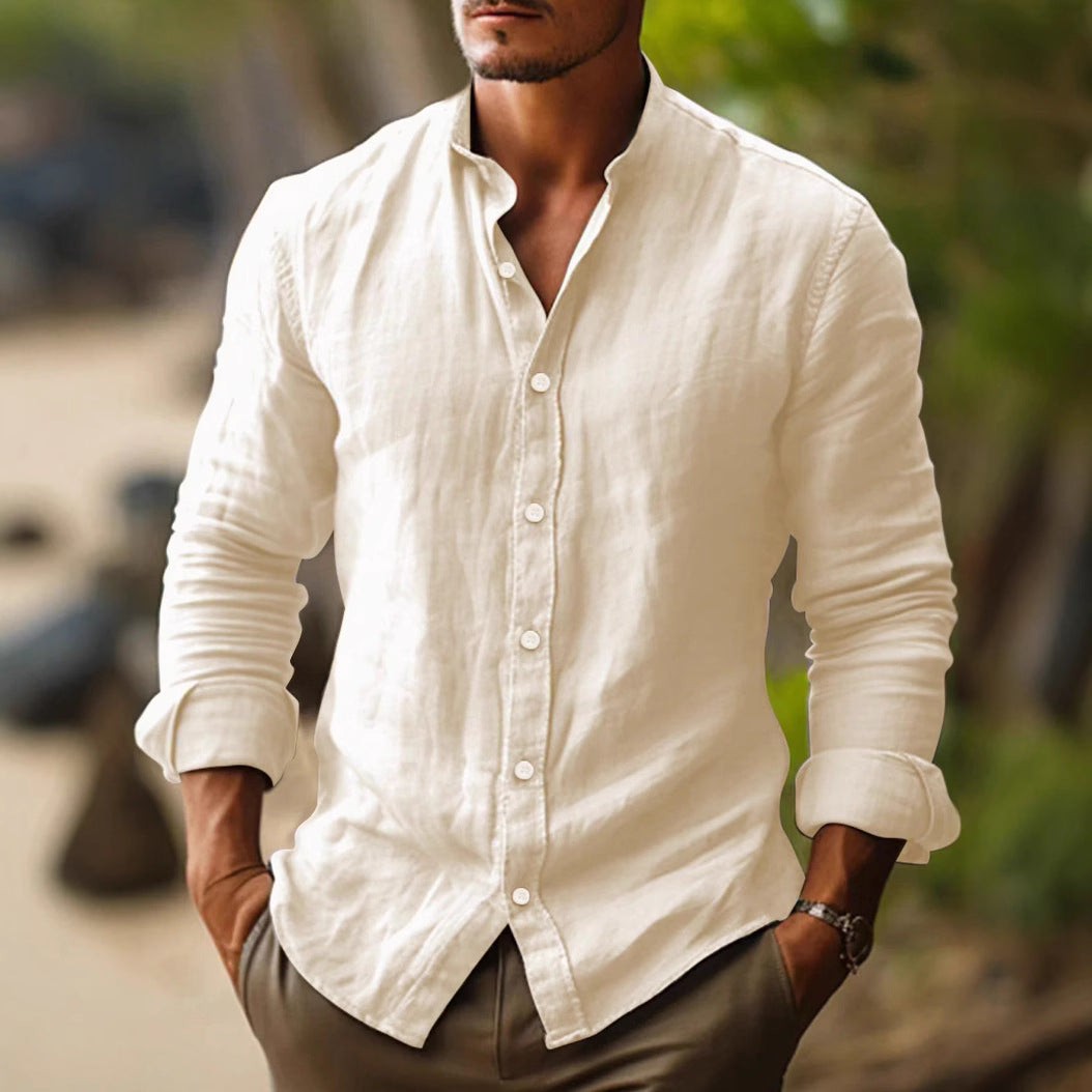 Men's stand collar shirt with long sleeves and curved hem