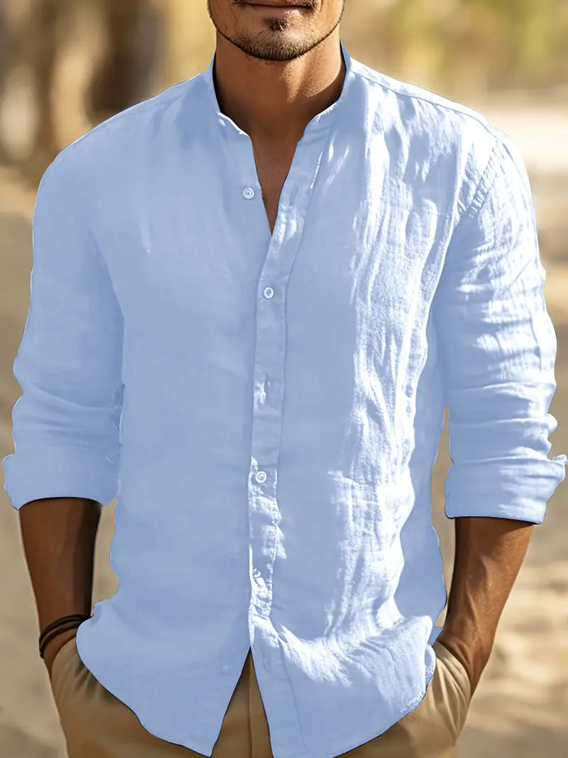 Men's stand collar shirt with long sleeves and curved hem