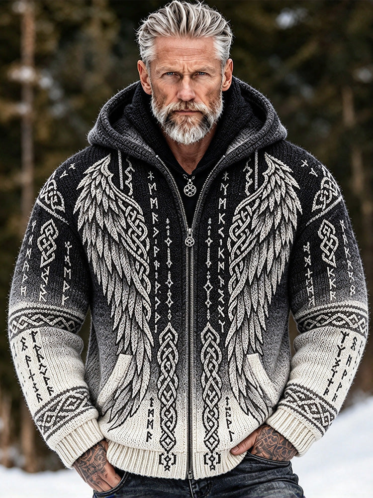 Men's hooded jacquard cardigan sweater with Nordic wing and Celtic knot patterns