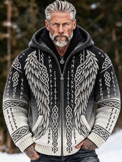 Men's hooded jacquard cardigan sweater with Nordic wing and Celtic knot patterns