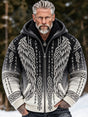 Men's hooded jacquard cardigan sweater with Nordic wing and Celtic knot patterns