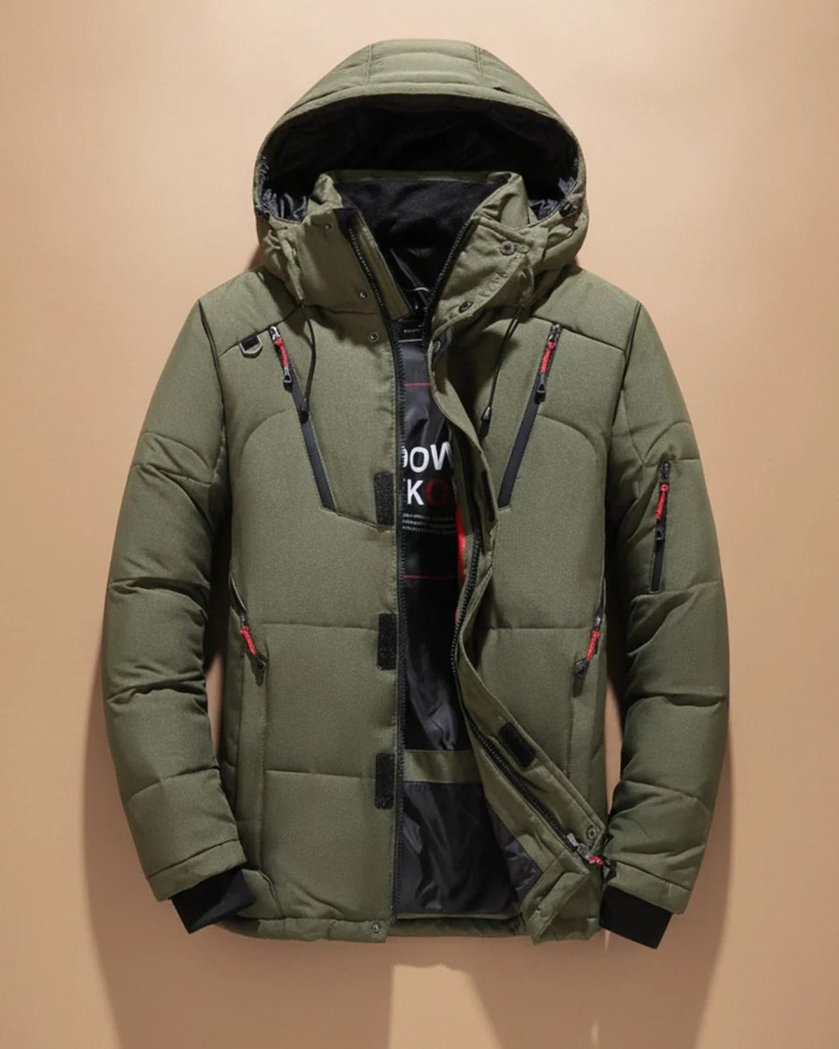 Men's quilted hooded jacket with long sleeves and multiple zipped pockets