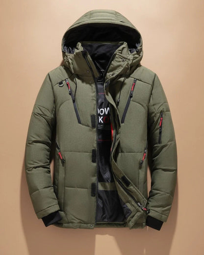 Men's quilted hooded jacket with long sleeves and multiple zipped pockets