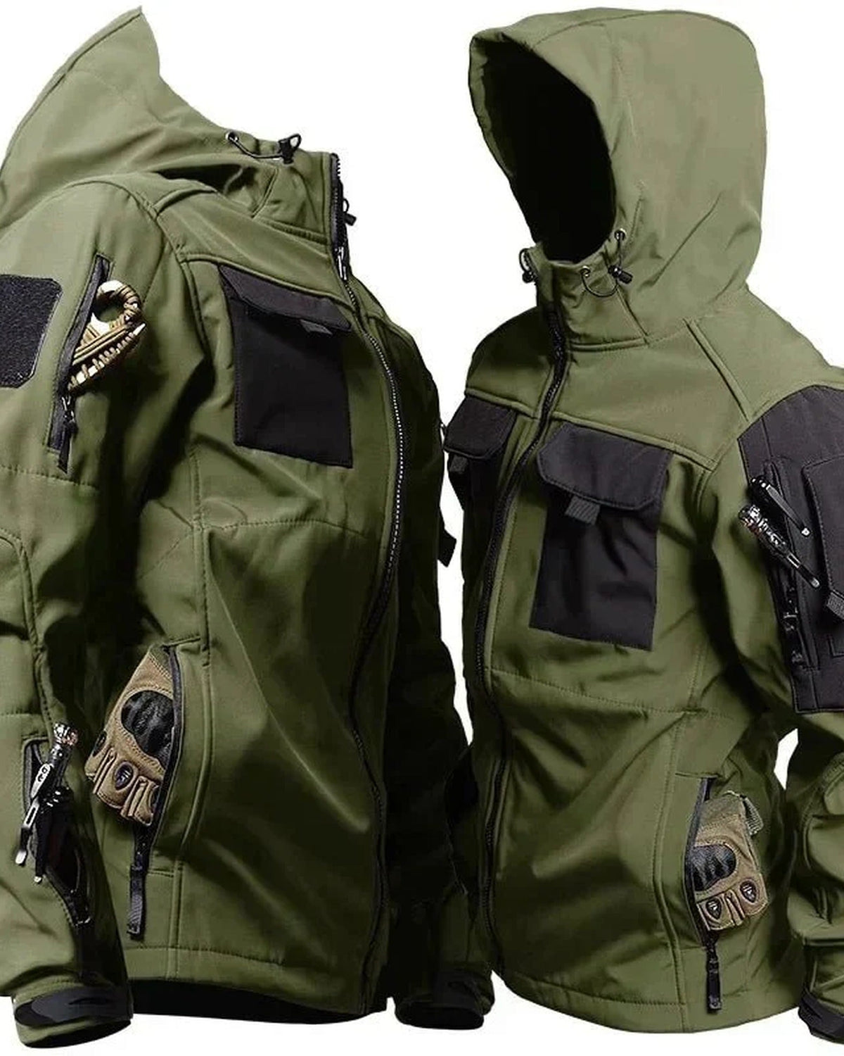 Men's hooded utility jacket with multiple cargo pockets and front zip