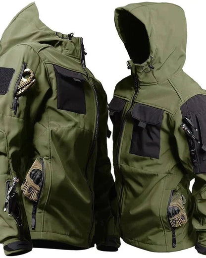 Men's hooded utility jacket with multiple cargo pockets and front zip