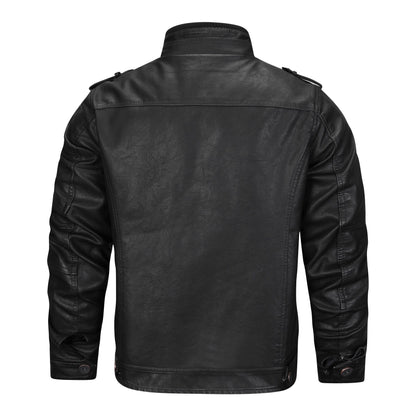 Men's black jacket with stand collar, zip front and detailed pockets