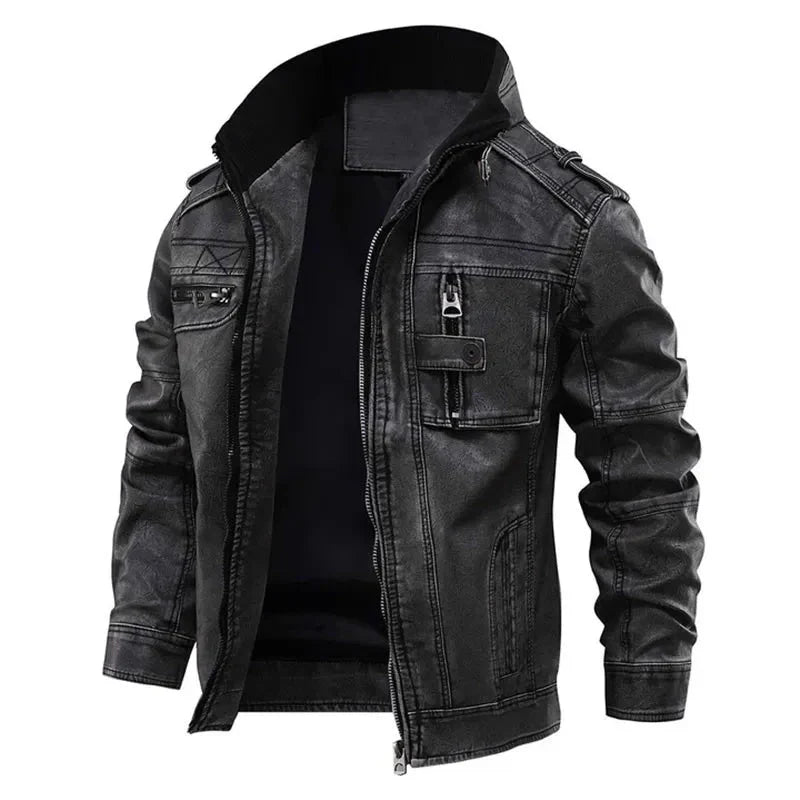 Men's black jacket with stand collar, zip front and detailed pockets