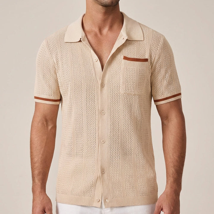 Men's Short Sleeve Openwork Shirt, Camp Collar Button-Front Casual Summer Shirt with Contrast Tips