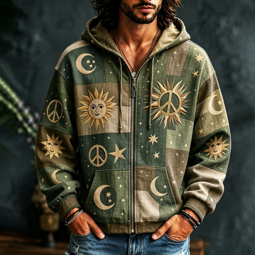 Men's multicoloured patchwork hoodie with celestial sun, moon, star and peace motifs