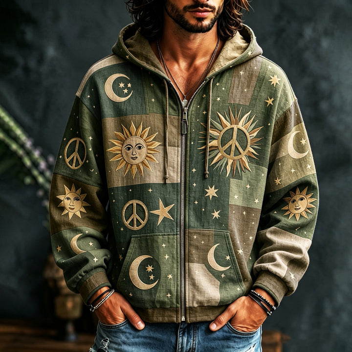 Men's multicoloured patchwork hoodie with celestial sun, moon, star and peace motifs