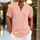 Men's pink short sleeve henley shirt with button front