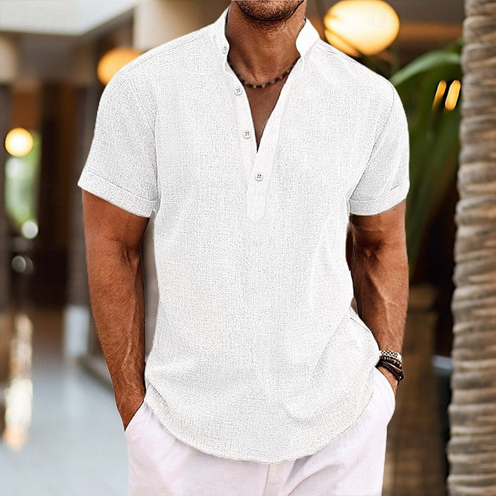Men's pink short sleeve henley shirt with button front