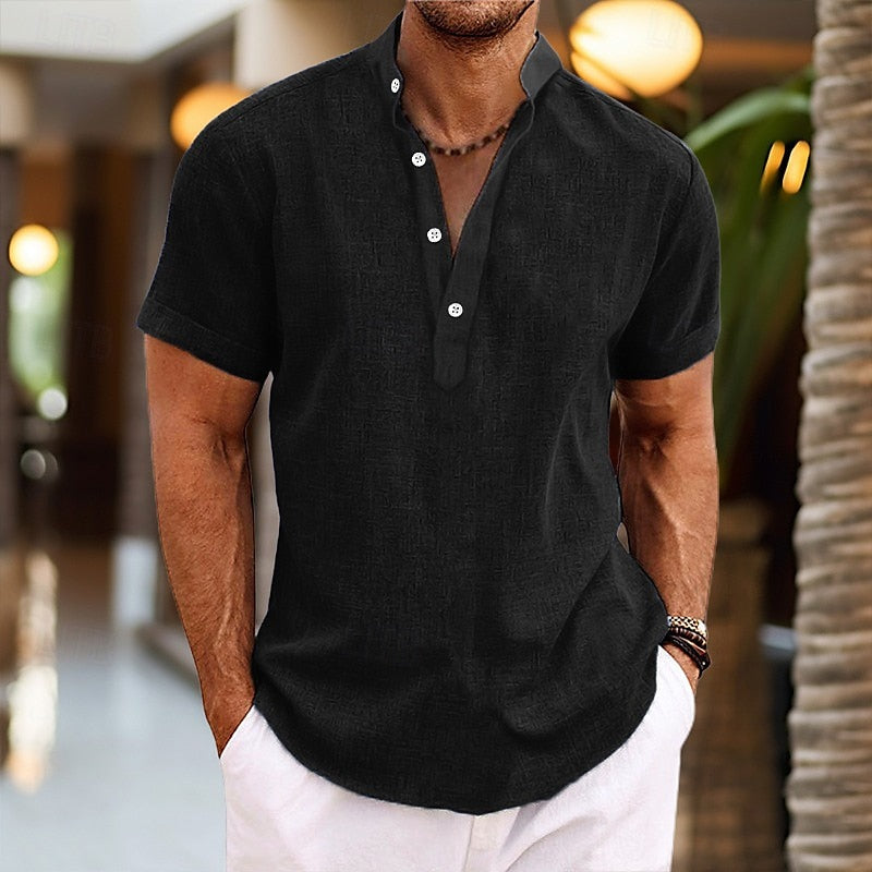 Men's pink short sleeve henley shirt with button front