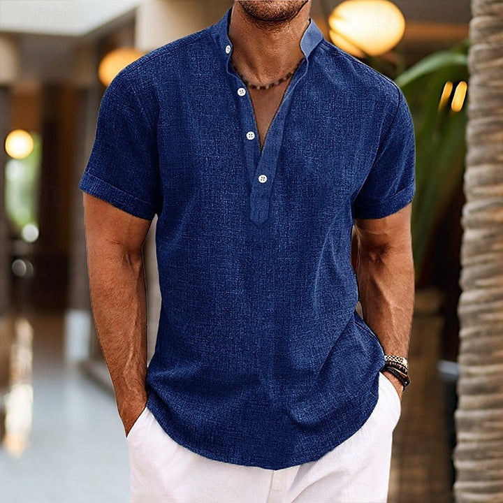 Men's pink short sleeve henley shirt with button front