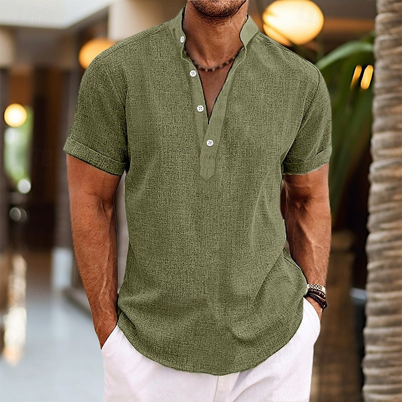 Men's Short Sleeve Henley Shirt, Grandad Collar, Slub Weave