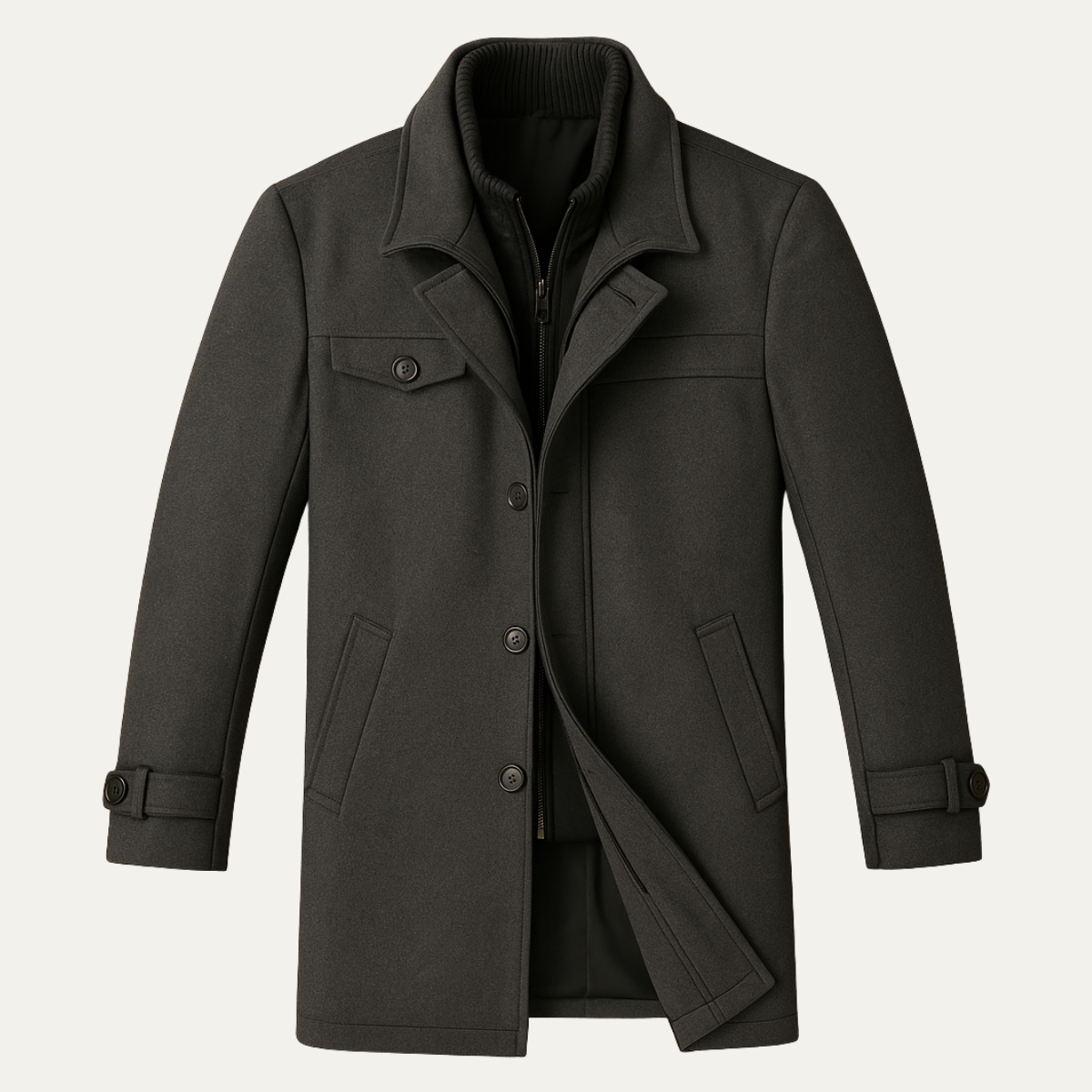 Men's long structured coat with raised collar, zip and button front