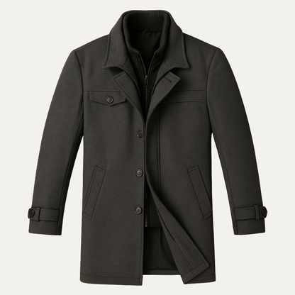 Men's long structured coat with raised collar, zip and button front
