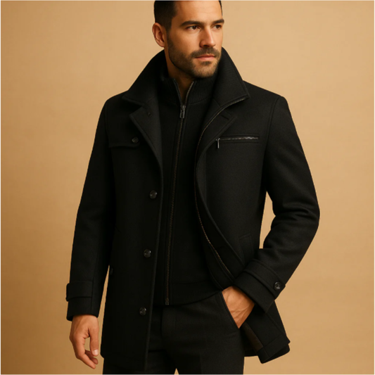 Men's long structured coat with raised collar, zip and button front