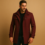 Men's long structured coat with raised collar, zip and button front