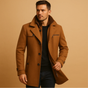 Men's long structured coat with raised collar, zip and button front