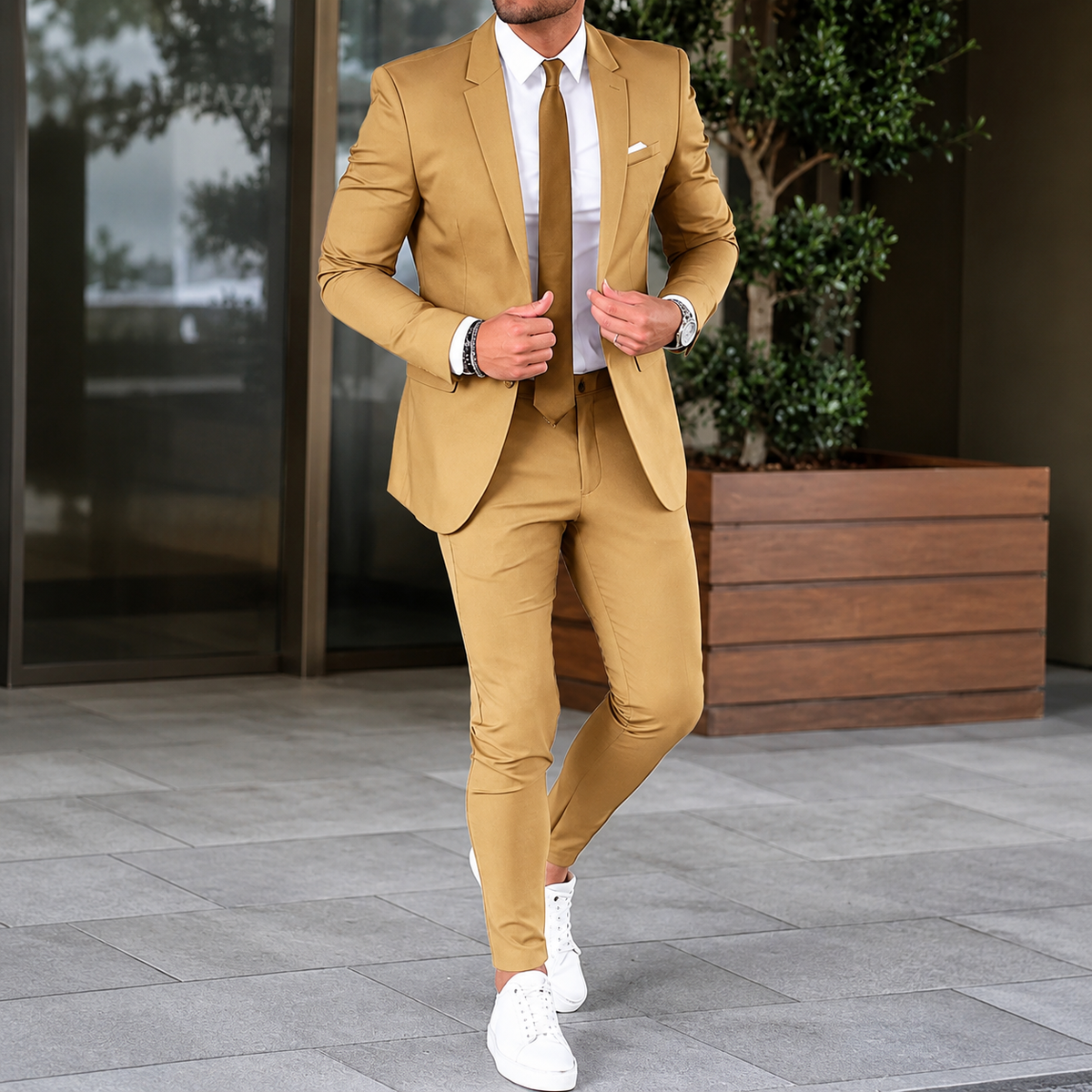 Men's two-piece suit with tailored blazer and slim trousers