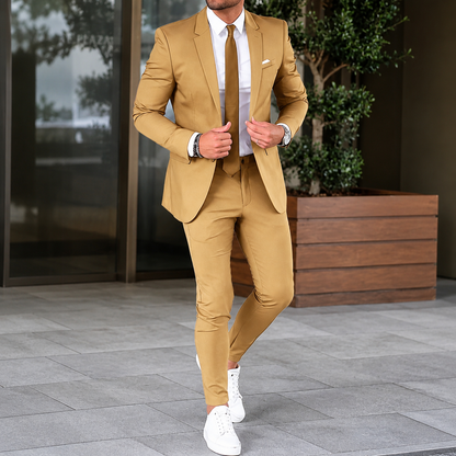 Men's two-piece suit with tailored blazer and slim trousers