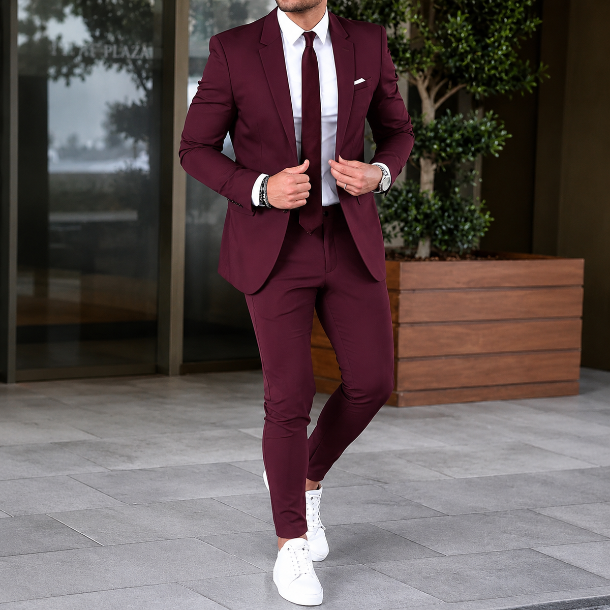 Men's two-piece suit with tailored blazer and slim trousers