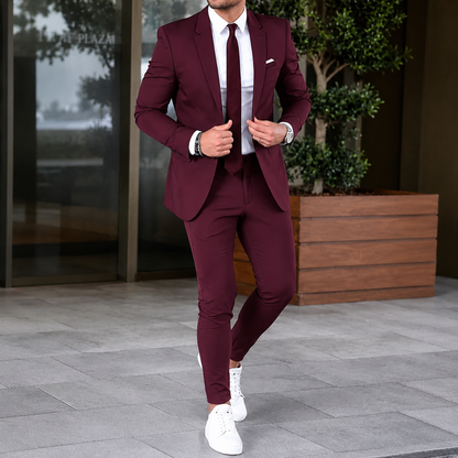 Men's two-piece suit with tailored blazer and slim trousers