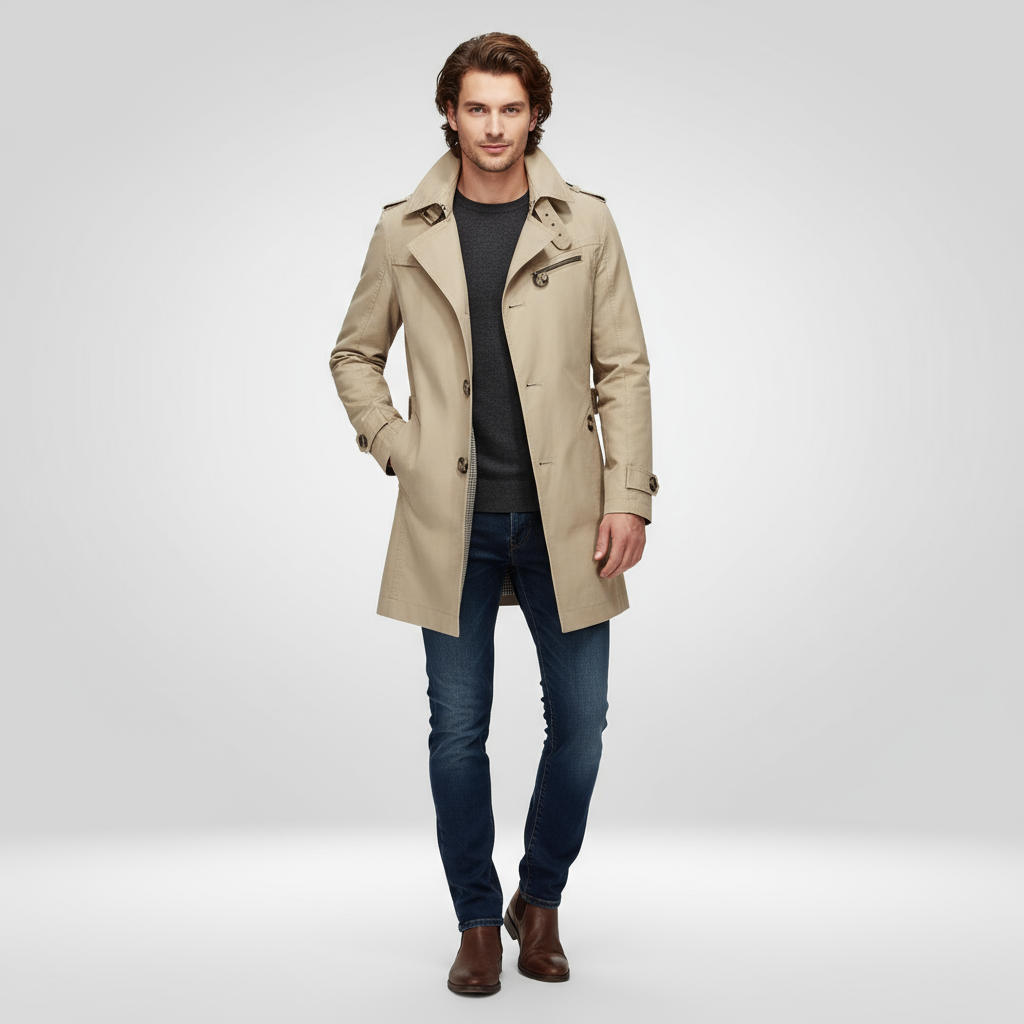 Men's long-sleeved trench coat with button front, belt detail and multiple pockets