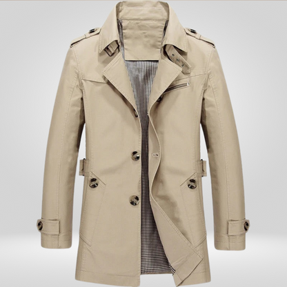 Men's long-sleeved trench coat with button front, belt detail and multiple pockets