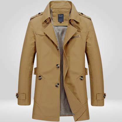 Men's long-sleeved trench coat with button front, belt detail and multiple pockets