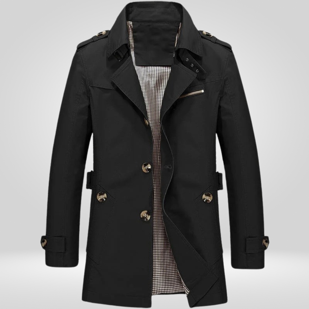 Men's long-sleeved trench coat with button front, belt detail and multiple pockets