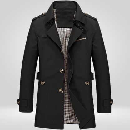 Men's long-sleeved trench coat with button front, belt detail and multiple pockets