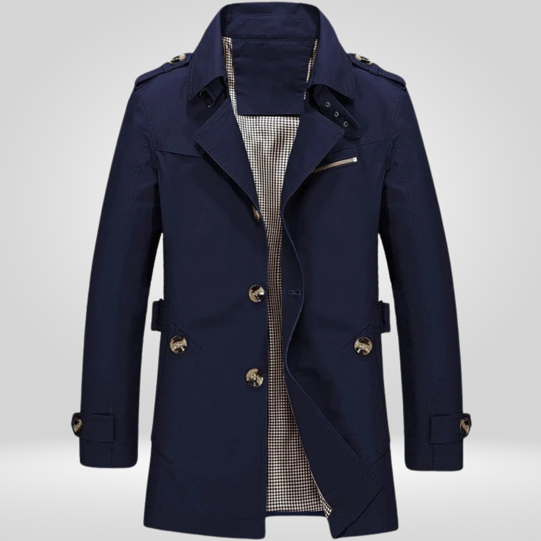 Men's long-sleeved trench coat with button front, belt detail and multiple pockets
