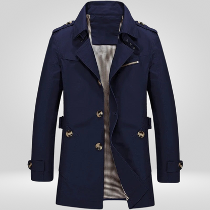 Men's long-sleeved trench coat with button front, belt detail and multiple pockets