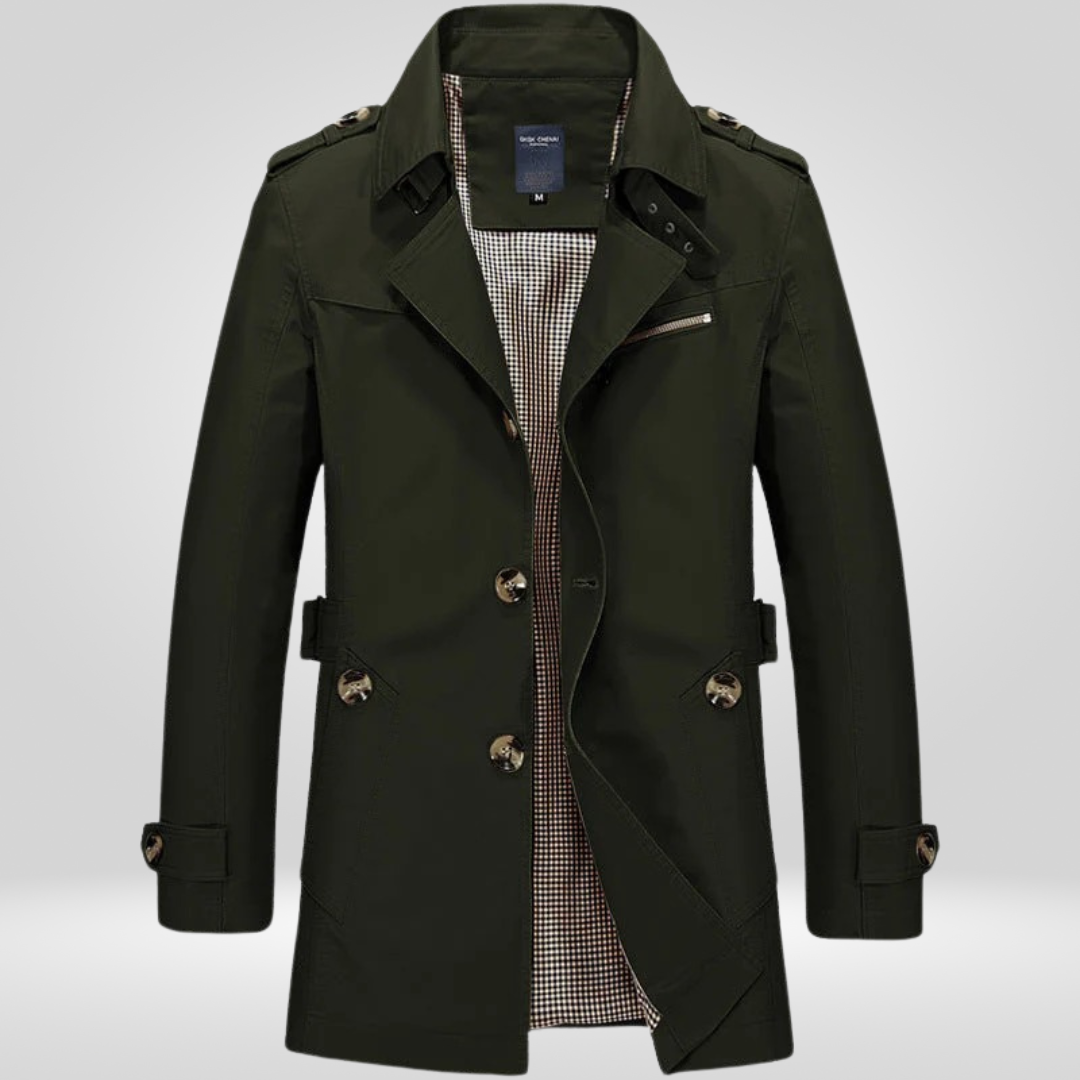 Men's long-sleeved trench coat with button front, belt detail and multiple pockets