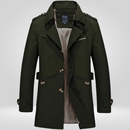 Men's long-sleeved trench coat with button front, belt detail and multiple pockets