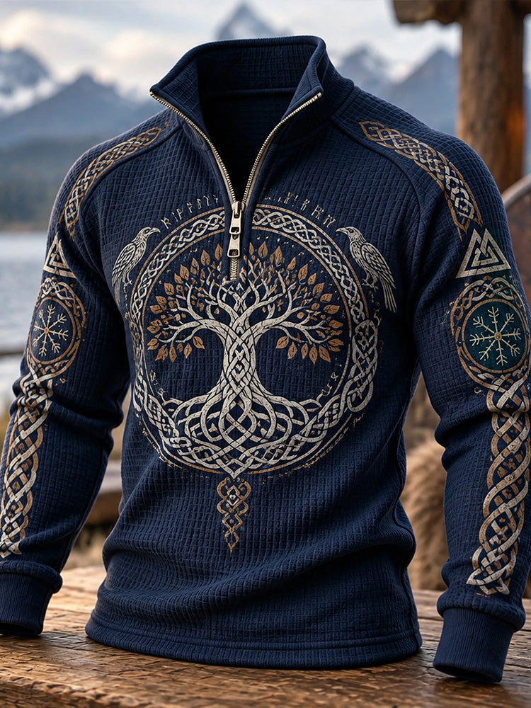 Men's navy quarter-zip jumper with Viking tree and knotwork graphics