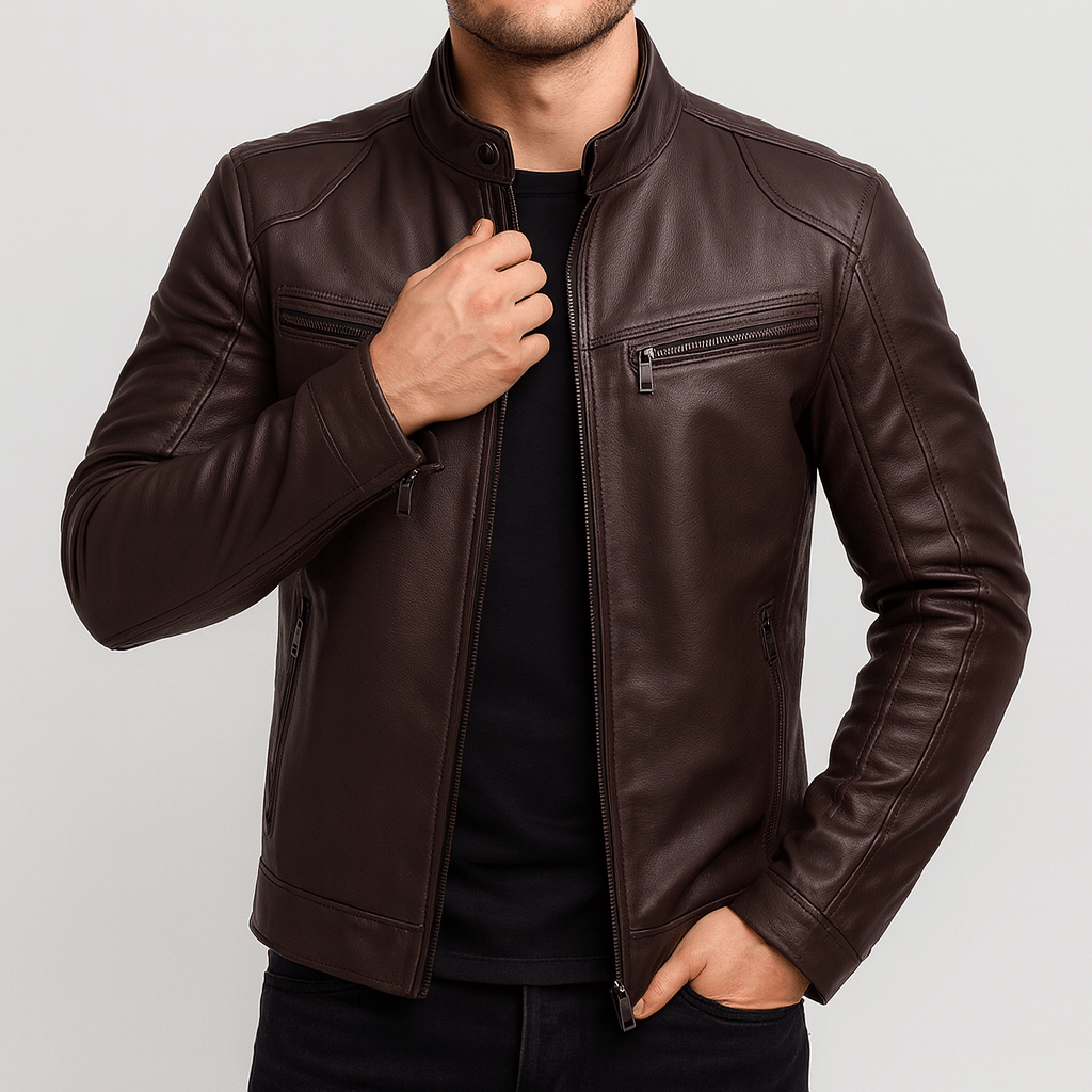 Men's motorcycle-style jacket with stand collar and zipped pockets
