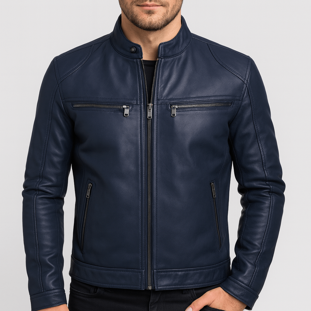 Men's motorcycle-style jacket with stand collar and zipped pockets