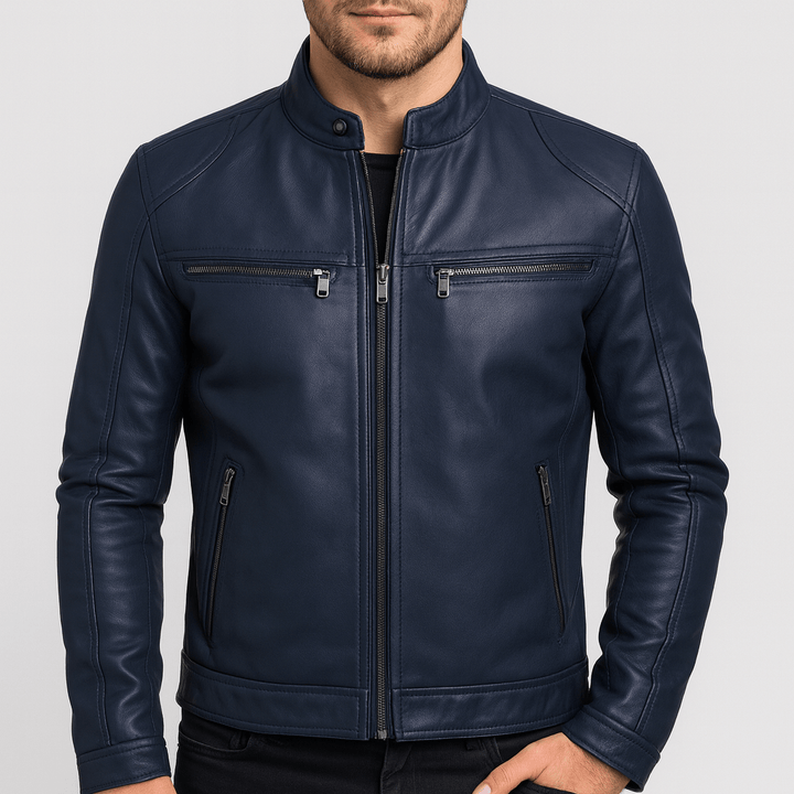 Men's motorcycle-style jacket with stand collar and zipped pockets