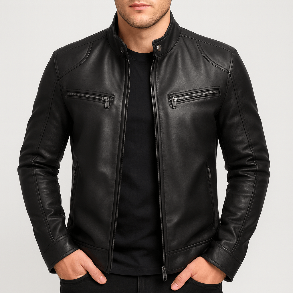 Men's motorcycle-style jacket with stand collar and zipped pockets