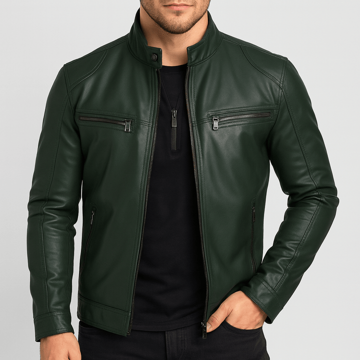 Men's motorcycle-style jacket with stand collar and zipped pockets