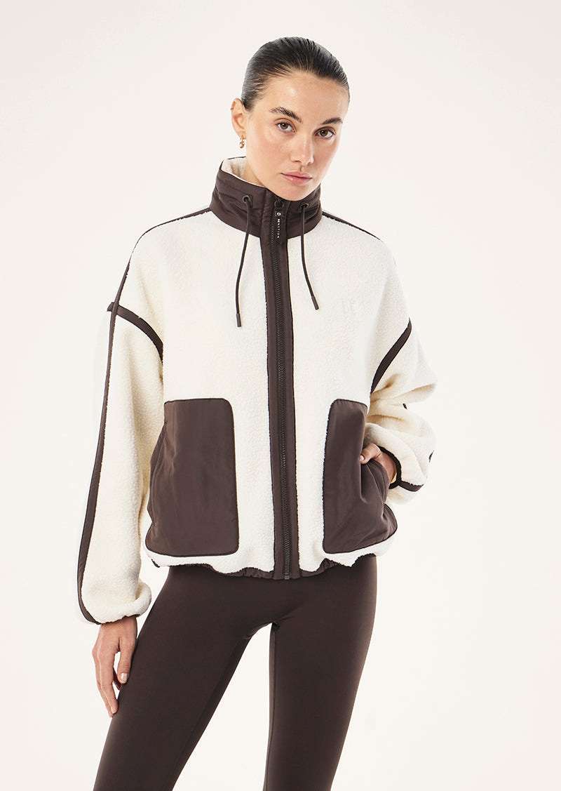 Men's white and brown colour block sherpa jacket