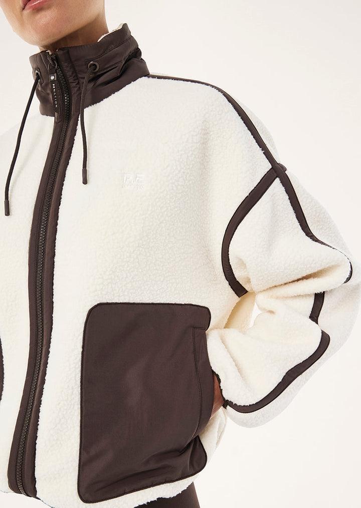 Men's white and brown colour block sherpa jacket