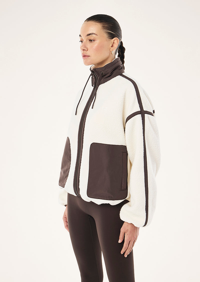 Men's white and brown colour block sherpa jacket