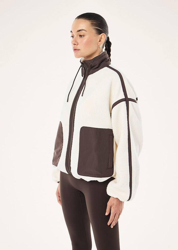 Men's white and brown colour block sherpa jacket