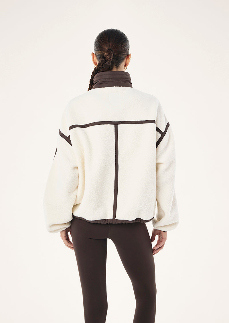 Men's white and brown colour block sherpa jacket